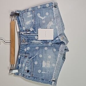 Kancan xs light wash polka dot mid rise jean shorts